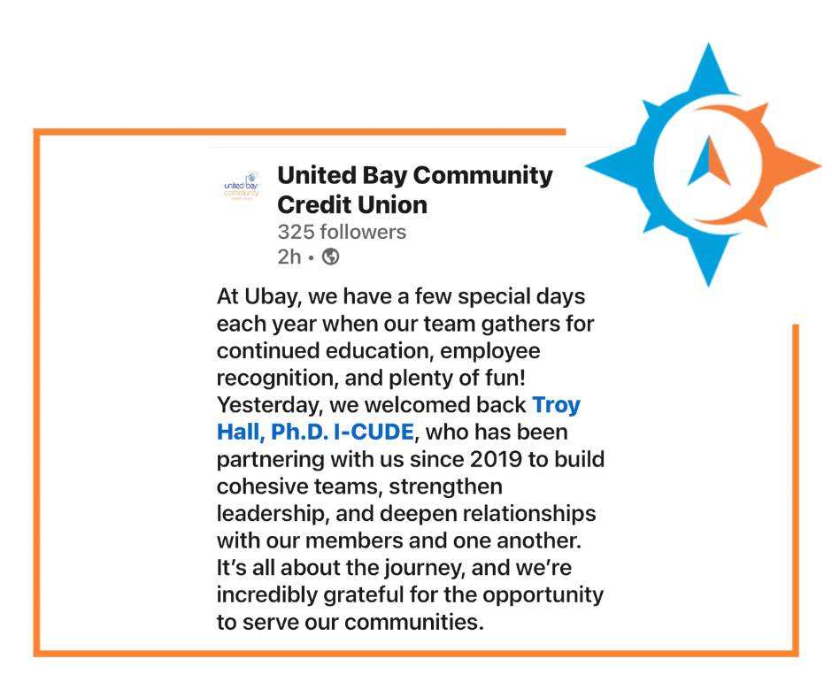 Testimonial - At Ubay, we have a few special days each year when our team gathers for continued education, employee recognition, and plenty of fun! Yesterday, we welcomed back Troy Hall, who has been partnering with us since 2019 to build cohesive teams, strengthen leadership, and deepen relationships with our members and one another. It's all about the journey, and we're incredibly grateful for the opportunity to serve our communities.