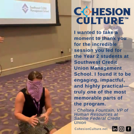 An image features a testimonial quote from a satisfied user of Cohesion Culture, a program that helped to engage and impact the Year 2 students at the Southwest Credit Union Management School.