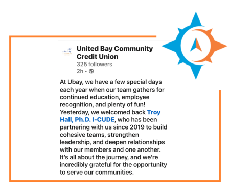 Testimonial - At Ubay, we have a few special days each year when our team gathers for continued education, employee recognition, and plenty of fun! Yesterday, we welcomed back Troy Hall, who has been partnering with us since 2019 to build cohesive teams, strengthen leadership, and deepen relationships with our members and one another. It's all about the journey, and we're incredibly grateful for the opportunity to serve our communities.