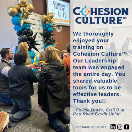 A group of people kneel on the ground and interact with each other around a small ring during a Cohesion Culture workshop that helped them to become better leaders, as the testimonial by CHRO at Red River Credit Union, Felicia Drake states.